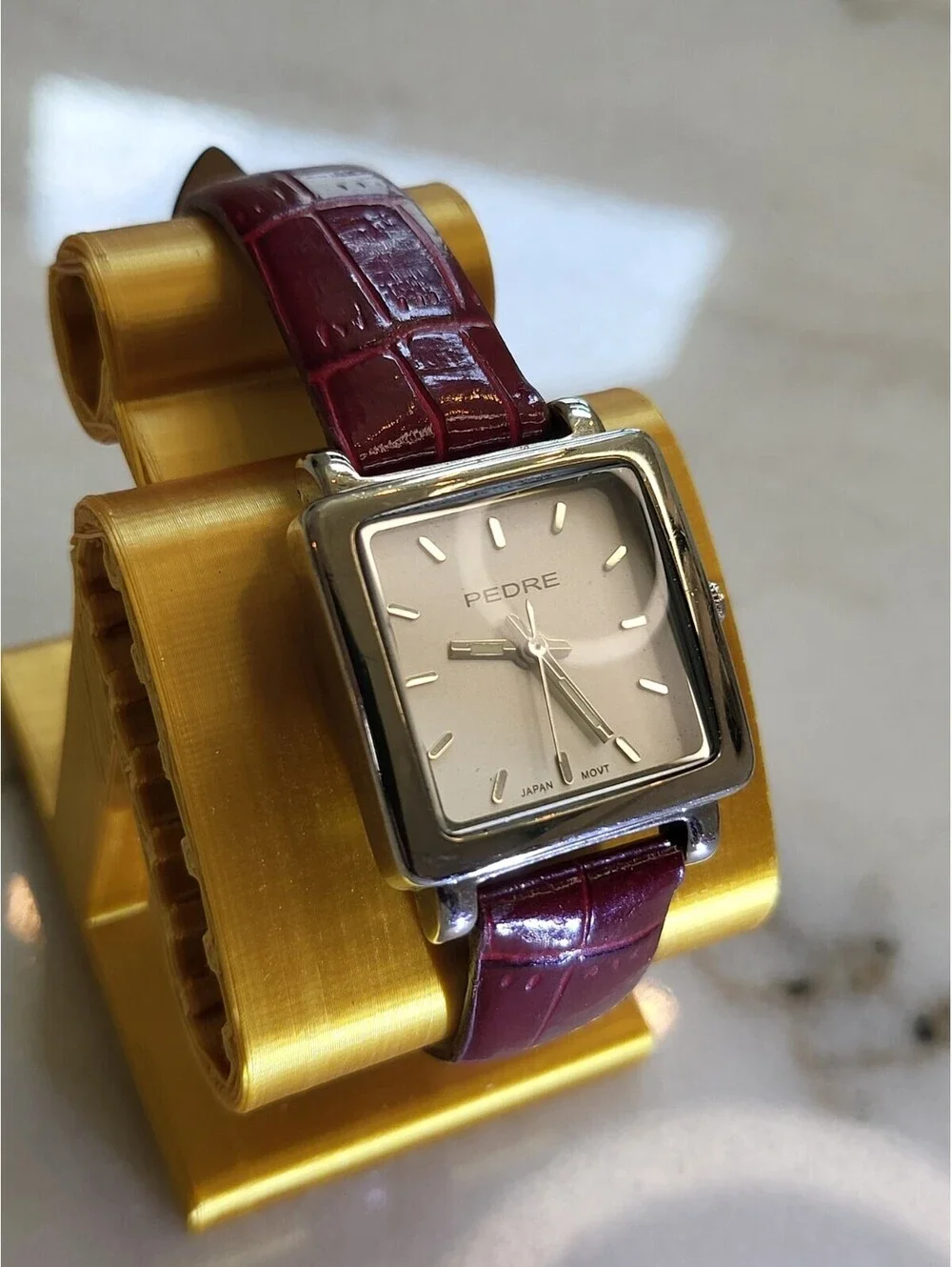 Vtg Pedre Womans Watch New Batt. Silvertone W Burgundy Bracelet 6.5